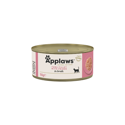 Applaws 100% Natural Wet Cat Food, Tuna Fillet with Prawn in Broth for Adult Cats, 156g tin