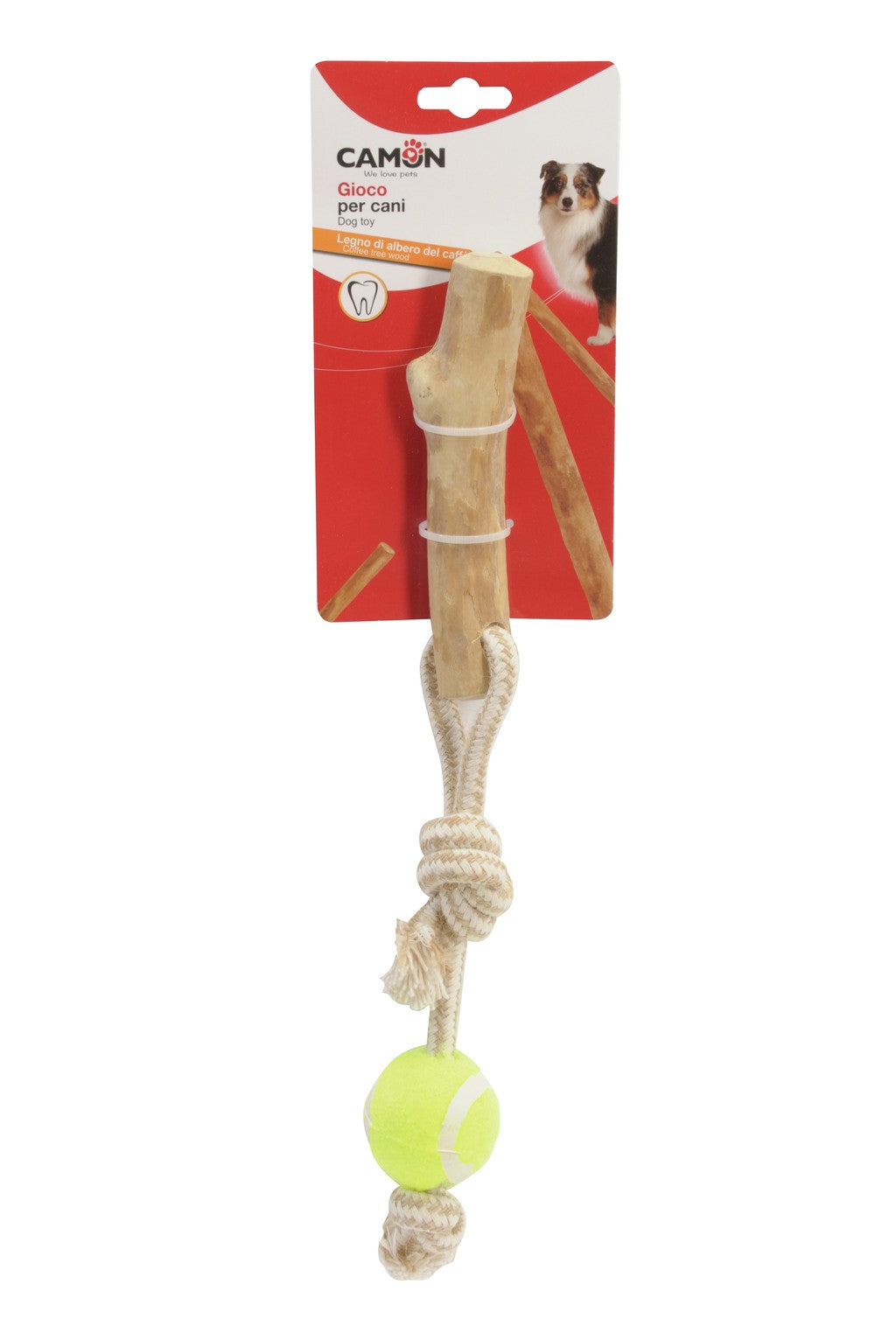 Camon Coffee Wood and Rope Toy For Dogs with Ball