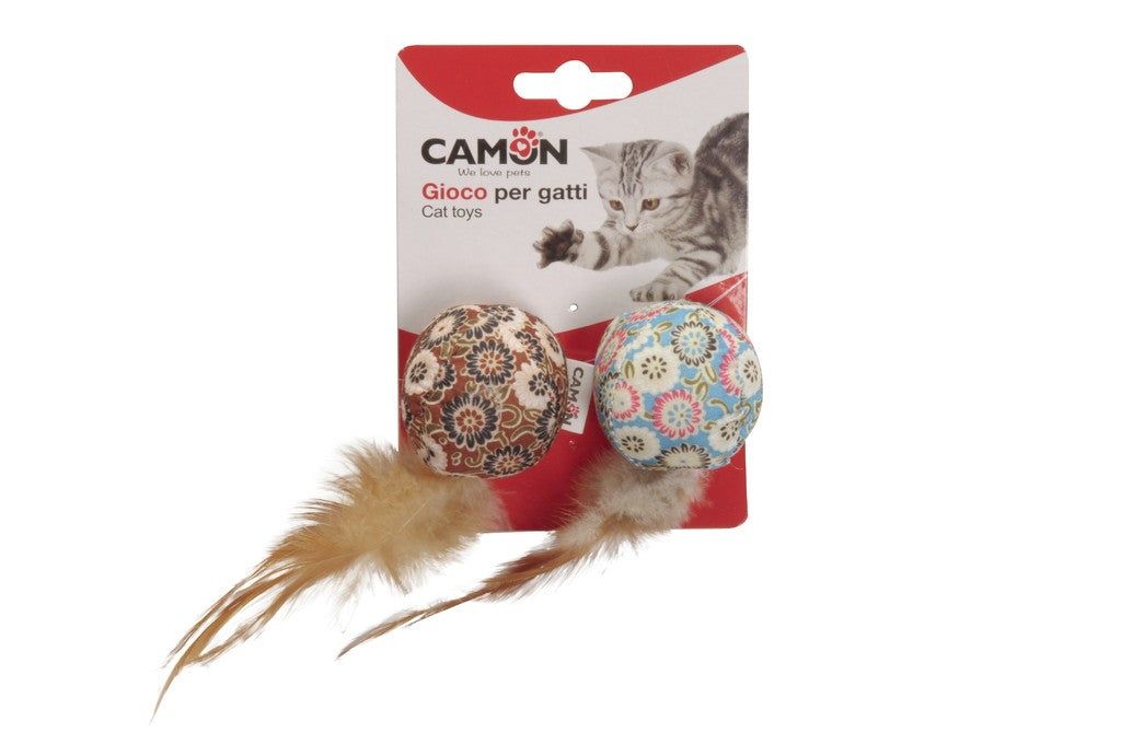 Camon Cat Toy - Balls (2Pcs) with Floral Pattern and Feathers