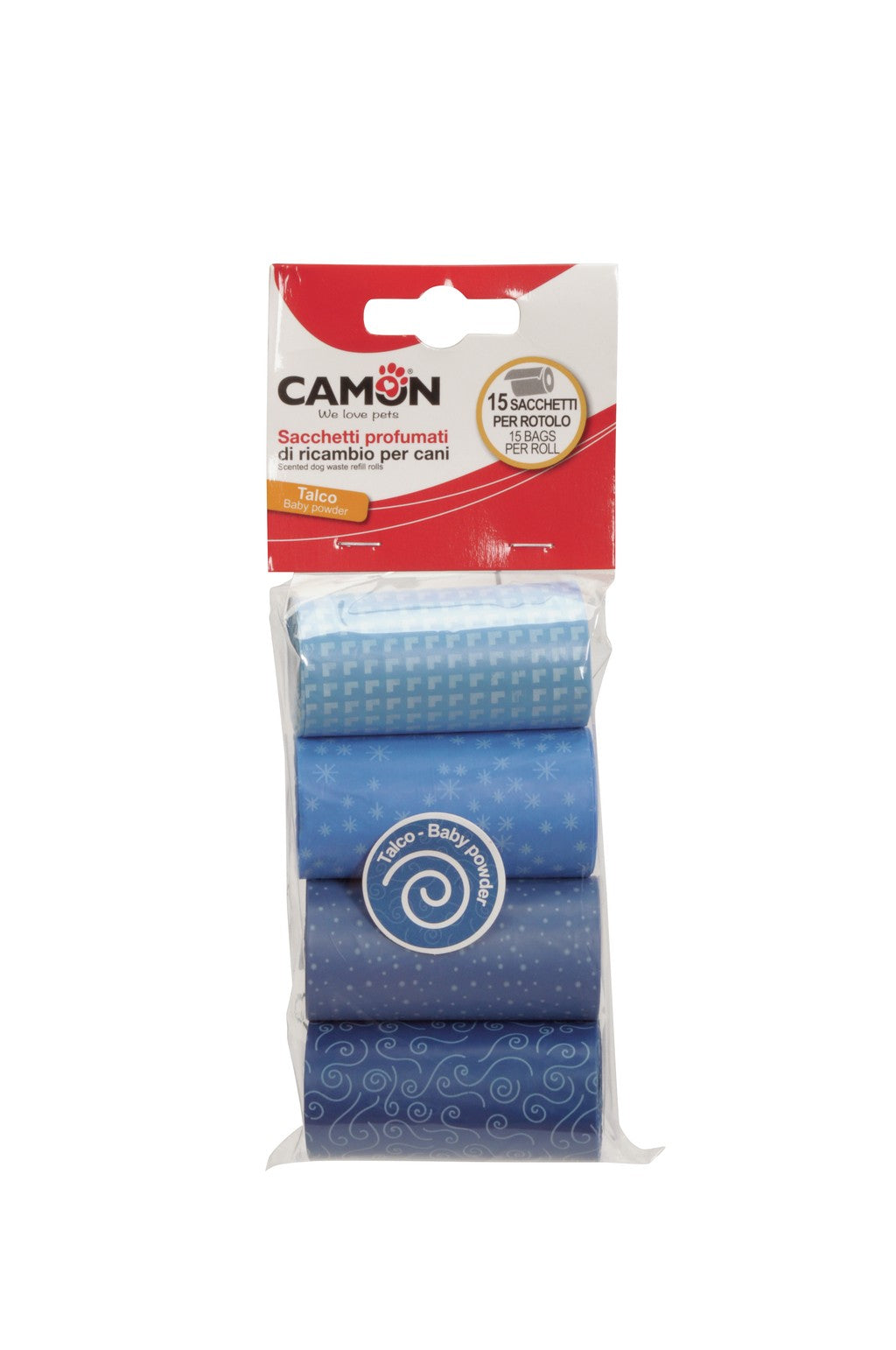 Camon Scented Dog Waste Refill Rolls - Baby Powder (4 Rolls of 15 Bags Each)