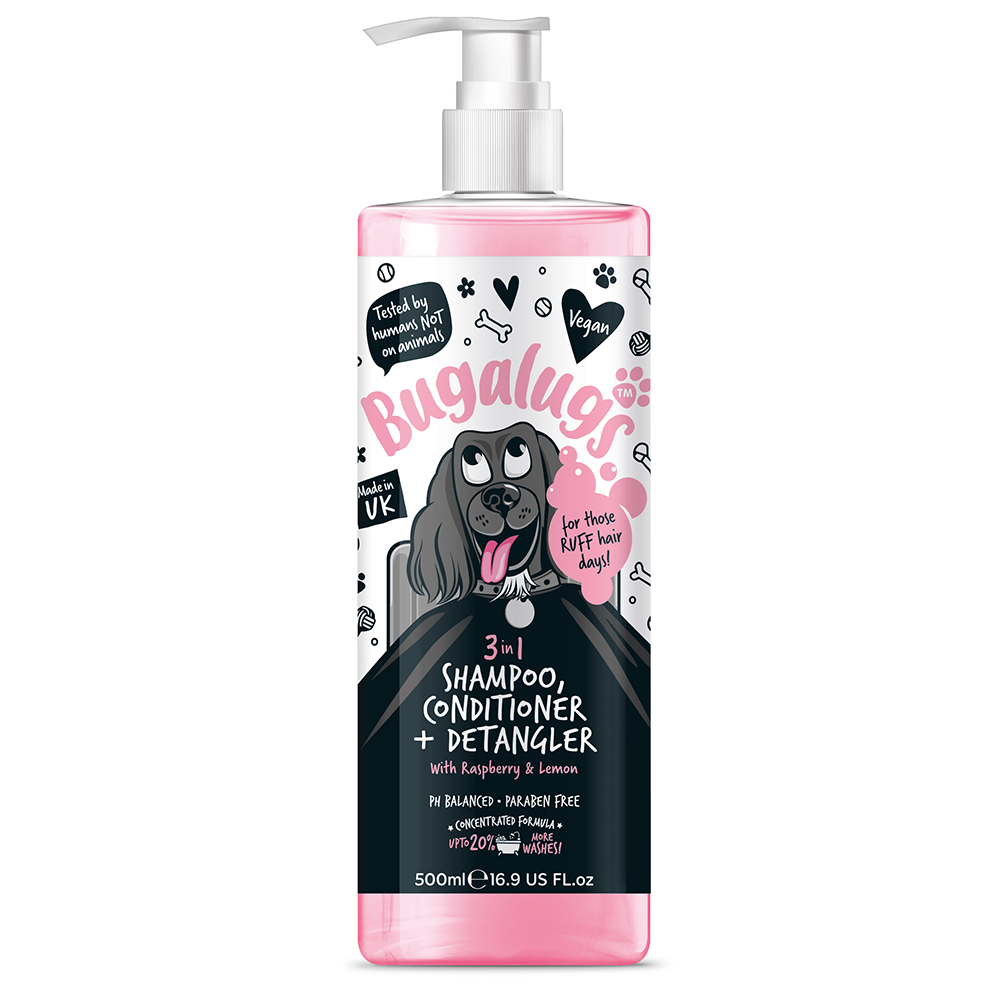 Bugalugs 3 in 1 Raspberry & Lemon Dog Shampoo, Conditioner and Detangler 500ml (16.9 Fl Oz)