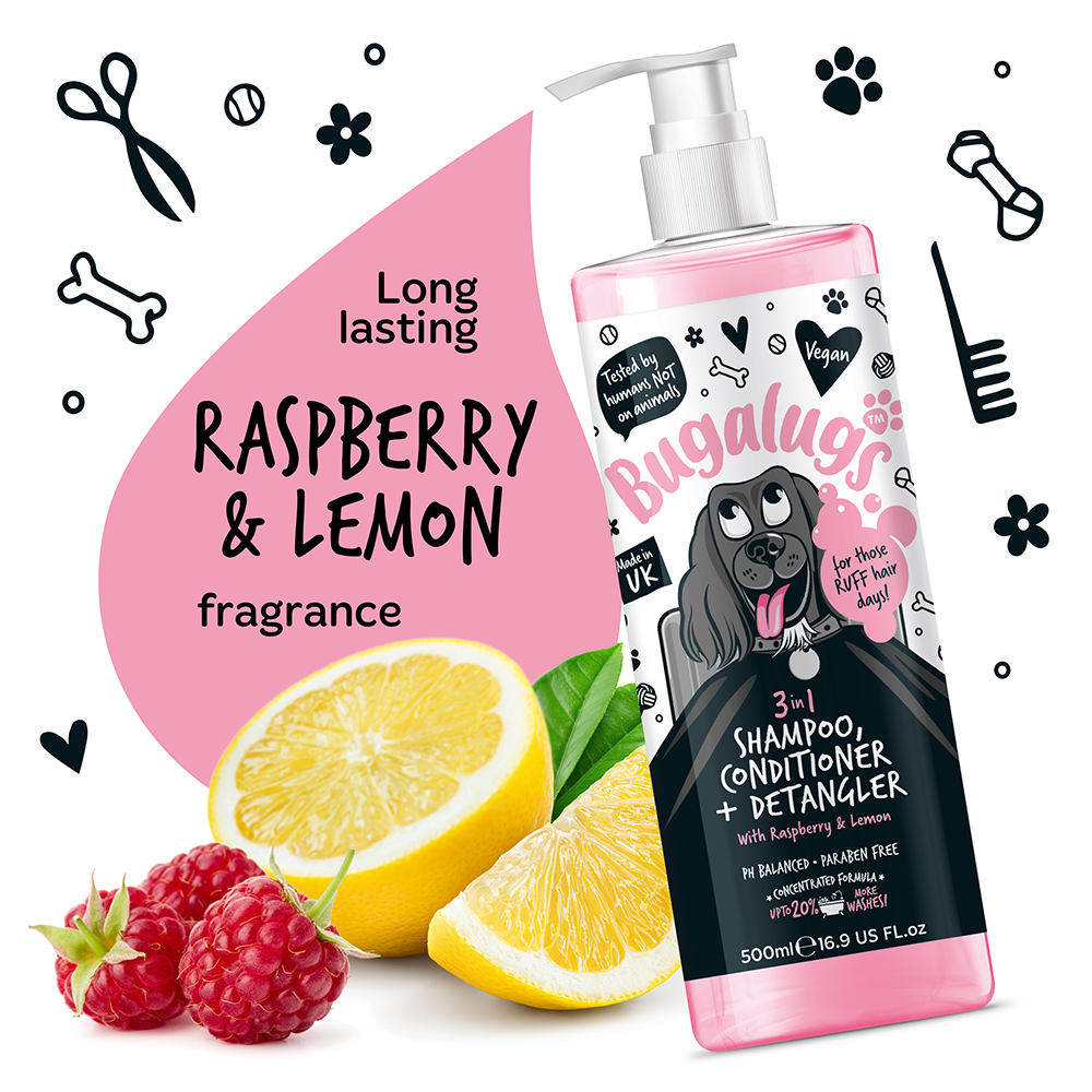 Bugalugs 3 in 1 Raspberry & Lemon Dog Shampoo, Conditioner and Detangler 500ml (16.9oz)