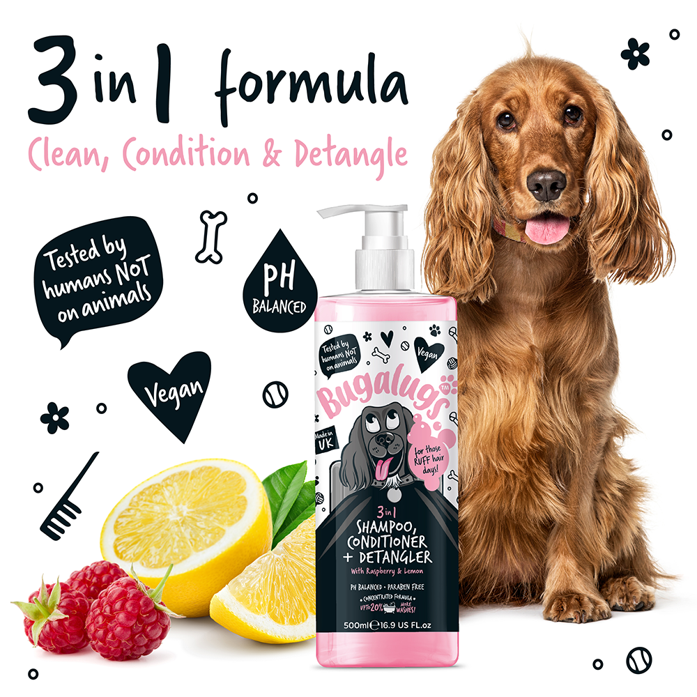 Bugalugs 3 in 1 Raspberry & Lemon Dog Shampoo, Conditioner and Detangler 500ml (16.9oz)