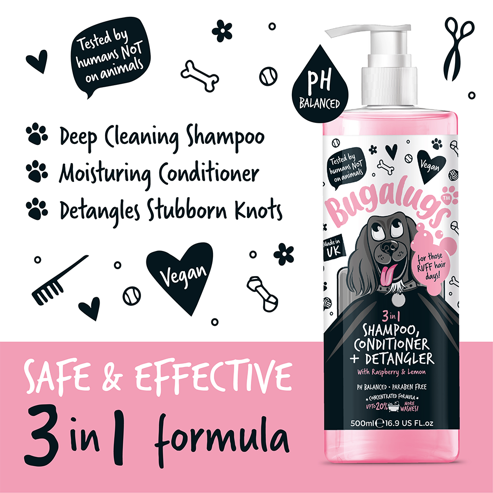 Bugalugs 3 in 1 Raspberry & Lemon Dog Shampoo, Conditioner and Detangler 500ml (16.9oz)