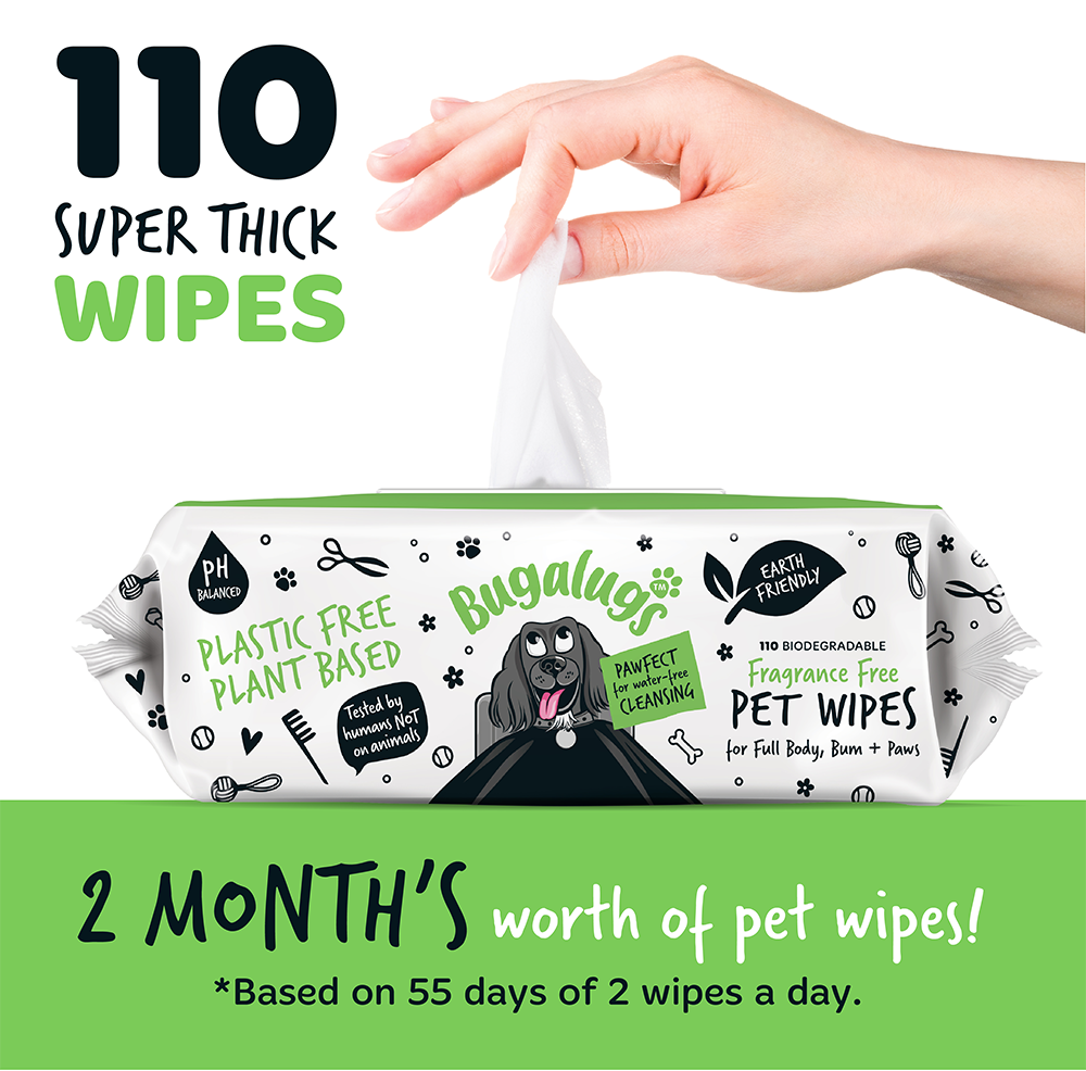 Bugalugs Fragrance Free Biodegradable Pet Wipes Pack of 110