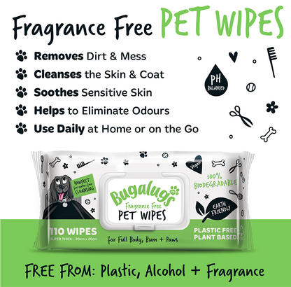 Bugalugs Fragrance Free Biodegradable Pet Wipes Pack of 110