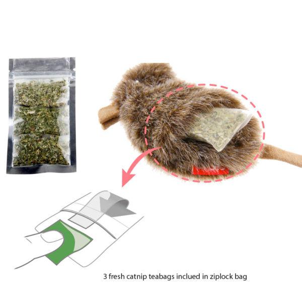 Refillable Catnip (Mouse) with 3 catnip teabags in ziplock bag