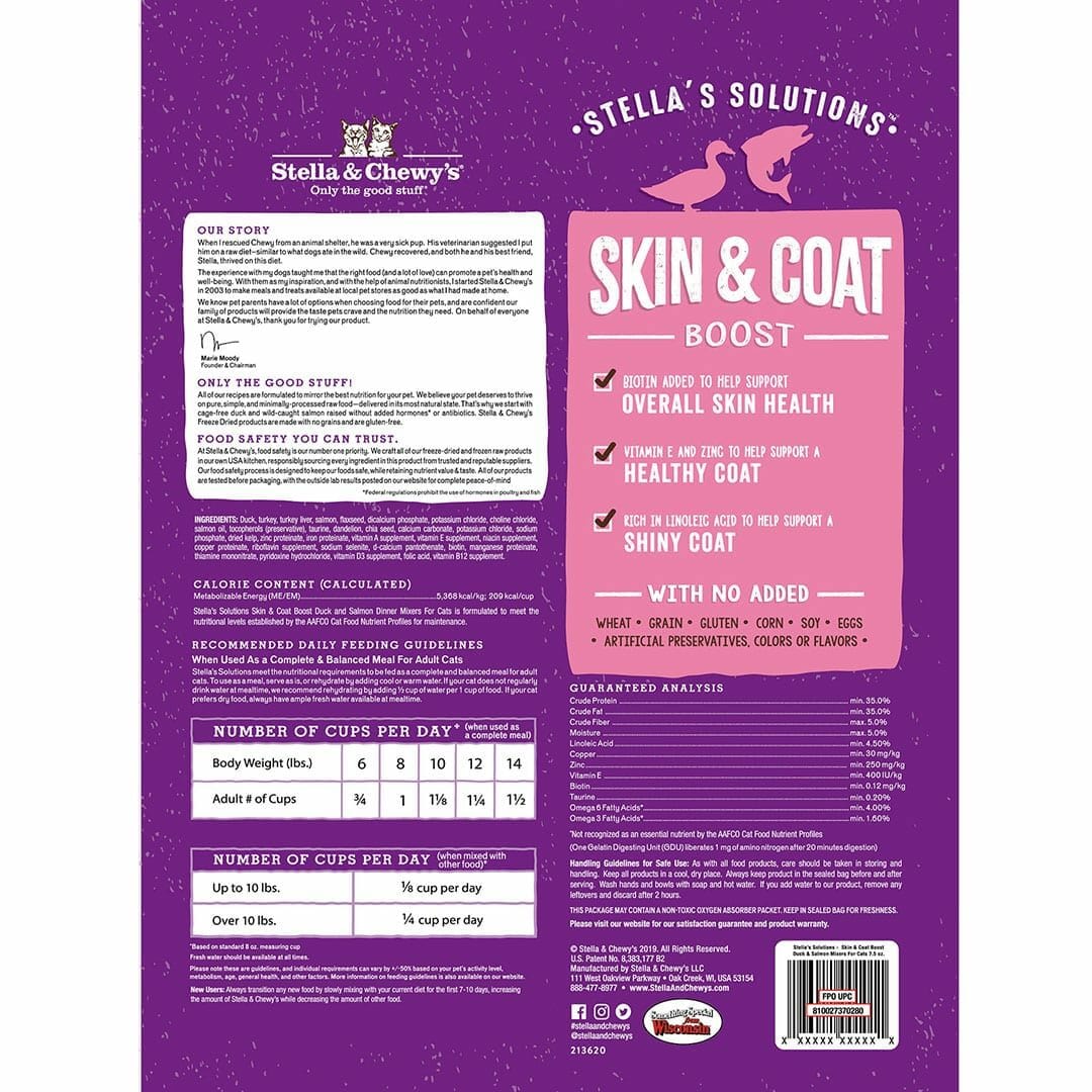 Stella & Chewy’s Stella’s Solutions for Cats Skin & Coat Support, Cage-Free Duck & Wild-Caught Salmon Recipe Freeze-Dried Dinner Morsels