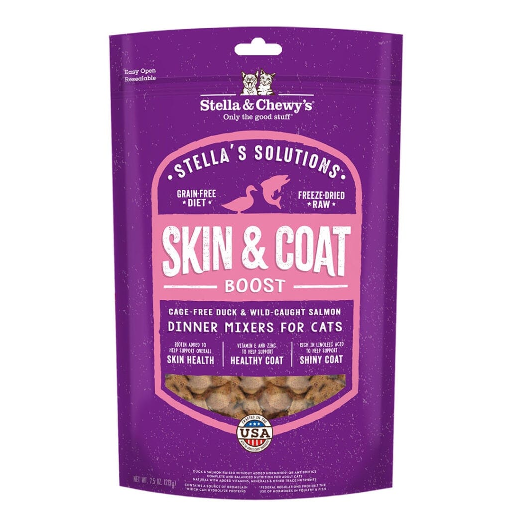 Stella & Chewy’s Stella’s Solutions for Cats Skin & Coat Support, Cage-Free Duck & Wild-Caught Salmon Recipe Freeze-Dried Dinner Morsels