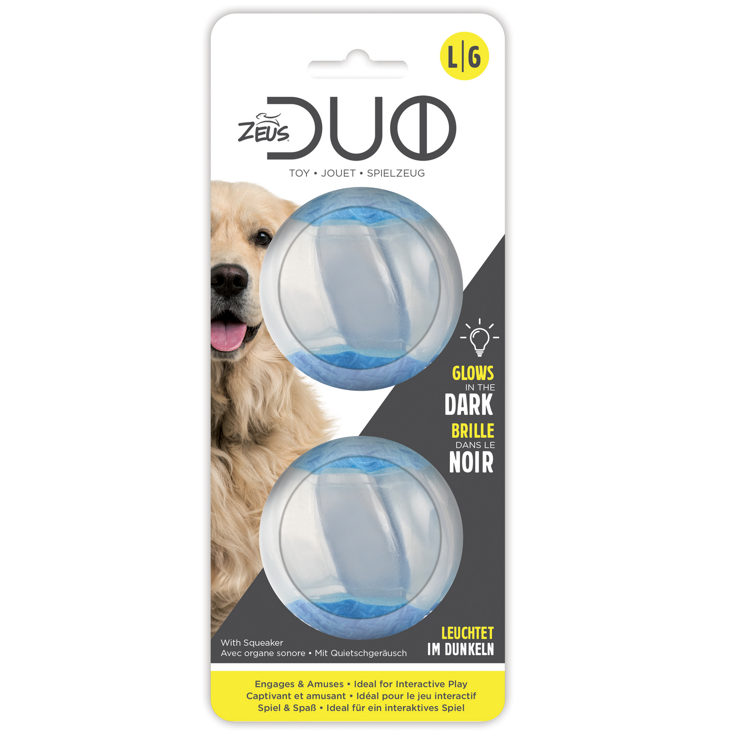 Zeus Duo Ball With Squeaker & Glow, 2Pk