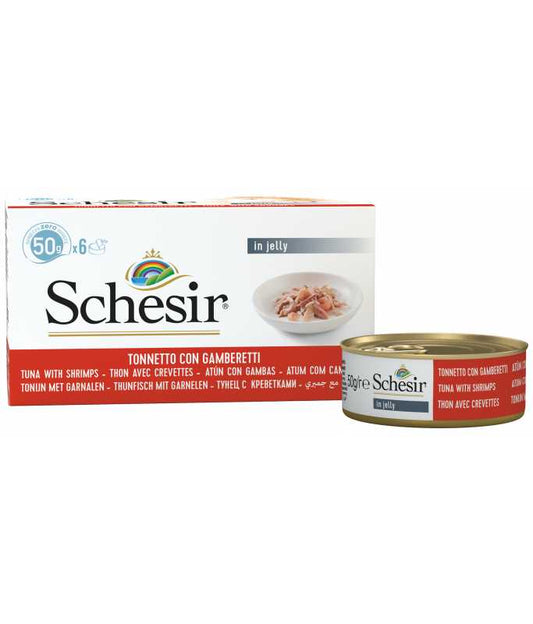 Schesir Cat Multipack Can Tuna With Shrimps in Jelly, Box of 6x50g
